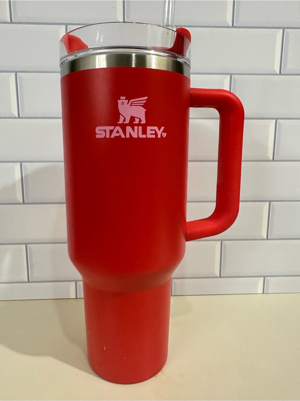 Stanley Red Travel Mug with Handle and Clear Lid
